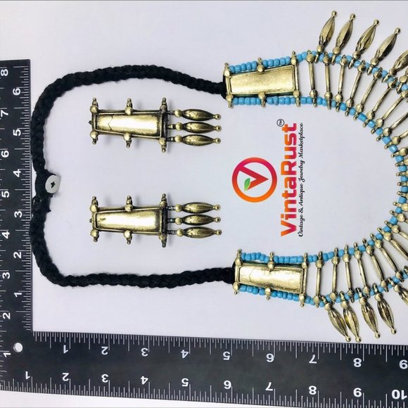 Afghan Ethnic Jewelry Set, Handmade Necklace With Earrings, Silver Metal Spikes - Picture 7 of 8